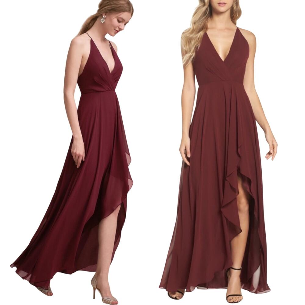 Jenny Yoo BHLDN Farrah Gown Ruffle Skirt Front Slit Chiffon Hibiscus Red NEW 4